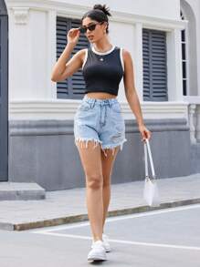 SHEIN Essnce Women's Casual Denim Shorts With Frayed Hem And Distressed Pockets, Perfect For Daily Wear And Travel