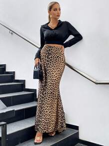 Glamine Falda larga tipo cola de sirena con estampado de leopardo para el atuendo de mujer