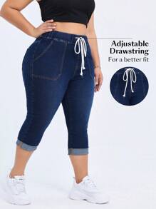 Flexra 大码弹力针织牛仔休闲百搭七分裤 - 深色水洗藍 - 查看 5