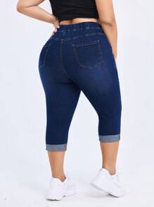 Flexra 大码弹力针织牛仔休闲百搭七分裤 - 深色水洗藍 - 查看 2