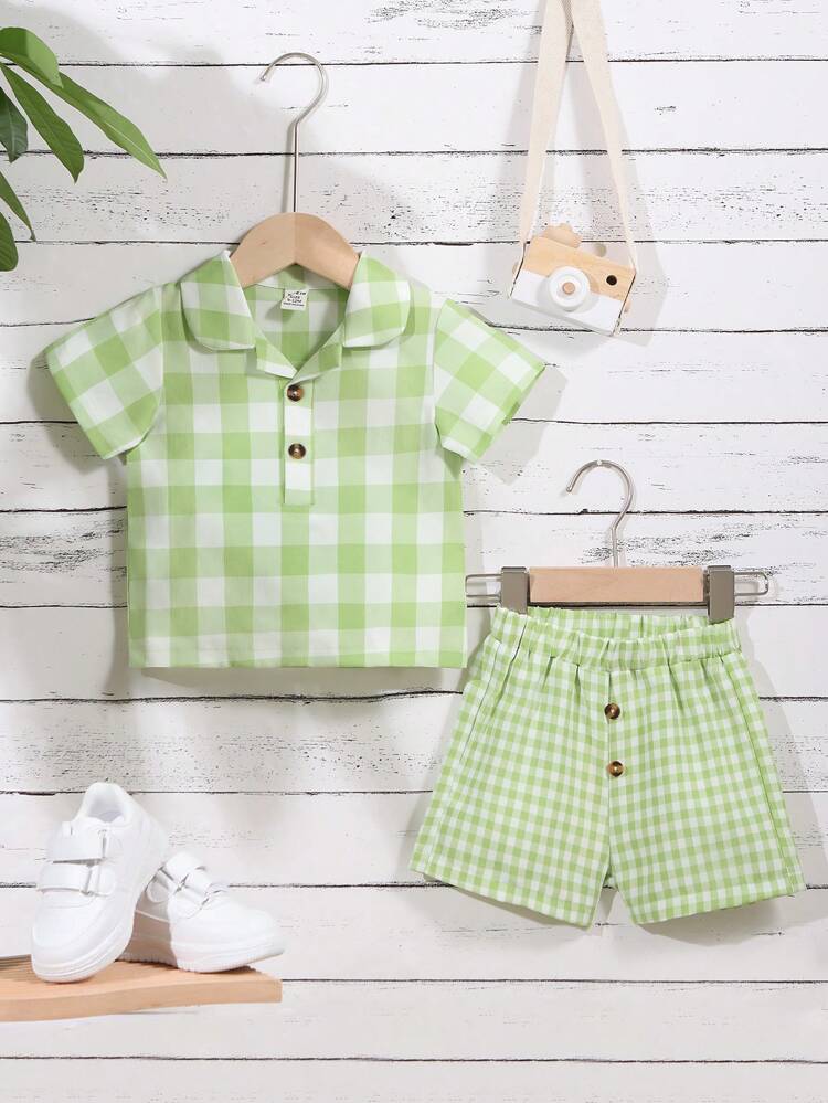 2pcs Baby Boys Casual Retro Plaid Fabric Turn-Down Collar Shirt And Shorts Set