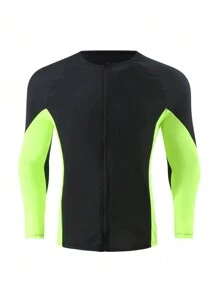 Surfspeed Men's Summer Beach Contrast Color High Neck Long Sleeve Top And Solid Color Shorts Casual Two Pieces Set - Multicolor - View 3