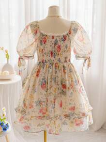 Soleia Plus Size Women Sweetheart Neck Puff Sleeve Floral Patchwork Talia A-Line Falbana Wykończenie Organza Casual Powrót Do Szkoły Słodka Lunch Mini Sukienka, Styl Wakacyjny