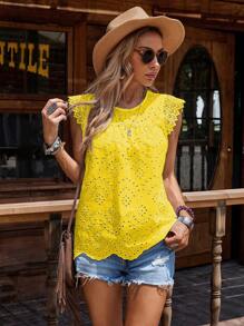 EMERY ROSE Women's Woven Embroidered Flutter Sleeves Lace Trim Blouse (Random Embroidery Pattern) - Yellow - View 5