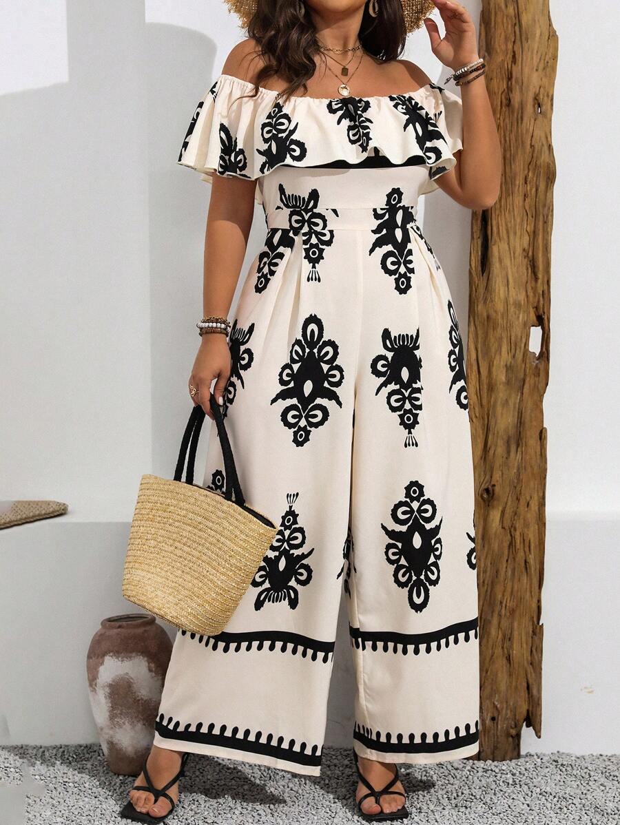 Breezaya Plus Size Vacation Style Printed Off-Shoulder Wide Leg Jumpsuit