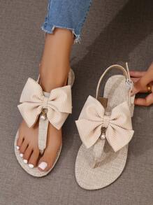 Sandalias planas beige para mujer, de moda y cómodas con lazo y cuentas de perlas, lindo y versátil, ideales para vacaciones - Beis - Ver 1
