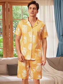 Men's Pineapple Print Front Row View Short Sleeve Top And Shorts Set, Summer Home Wear - Multicolor - View 3