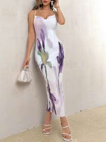SHEIN Privé 女式優雅花卉印花V領細肩帶連身裙，腰部收緊設計，適合夏季日常穿著、度假、約會和海灘服裝 - 彩色 - 查看 4
