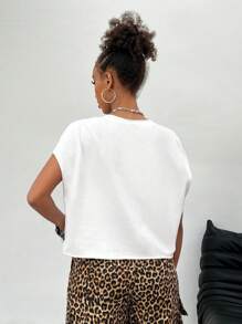 SHEIN EZwear 女士夏季街头休闲针织图案健身白色宽松短款衬衫背心 - 白色 - 查看 2