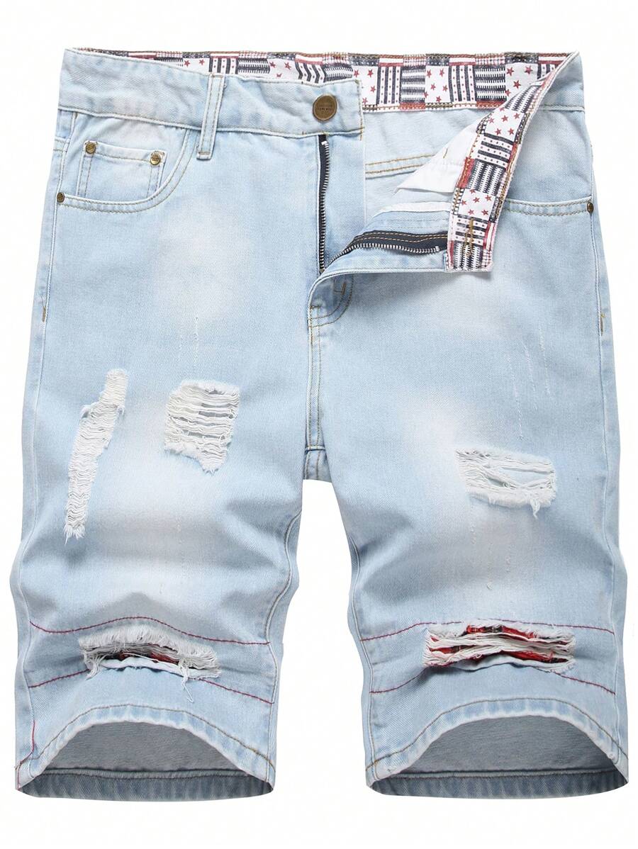 Shorts vaqueros cortos tipo bermuda casual con bolsillos y rotos para hombre - Lavado ligero - Ver 1