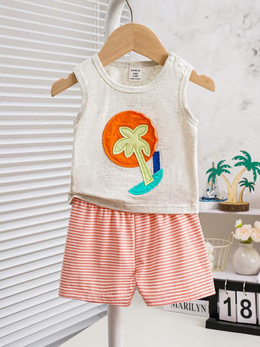 SHEIN 2 Chiếc Bé Sơ Sinh Bé Trai Xuân Hè Hợp Thời Trang Miếng Dán Thêu Đảo Họa Tiết Vui Nhộn Sọc Thể Thao Homewear Dễ Thương Hàng Ngày Trang Phục Thường Ngày - Nhiều màu - Xem 1