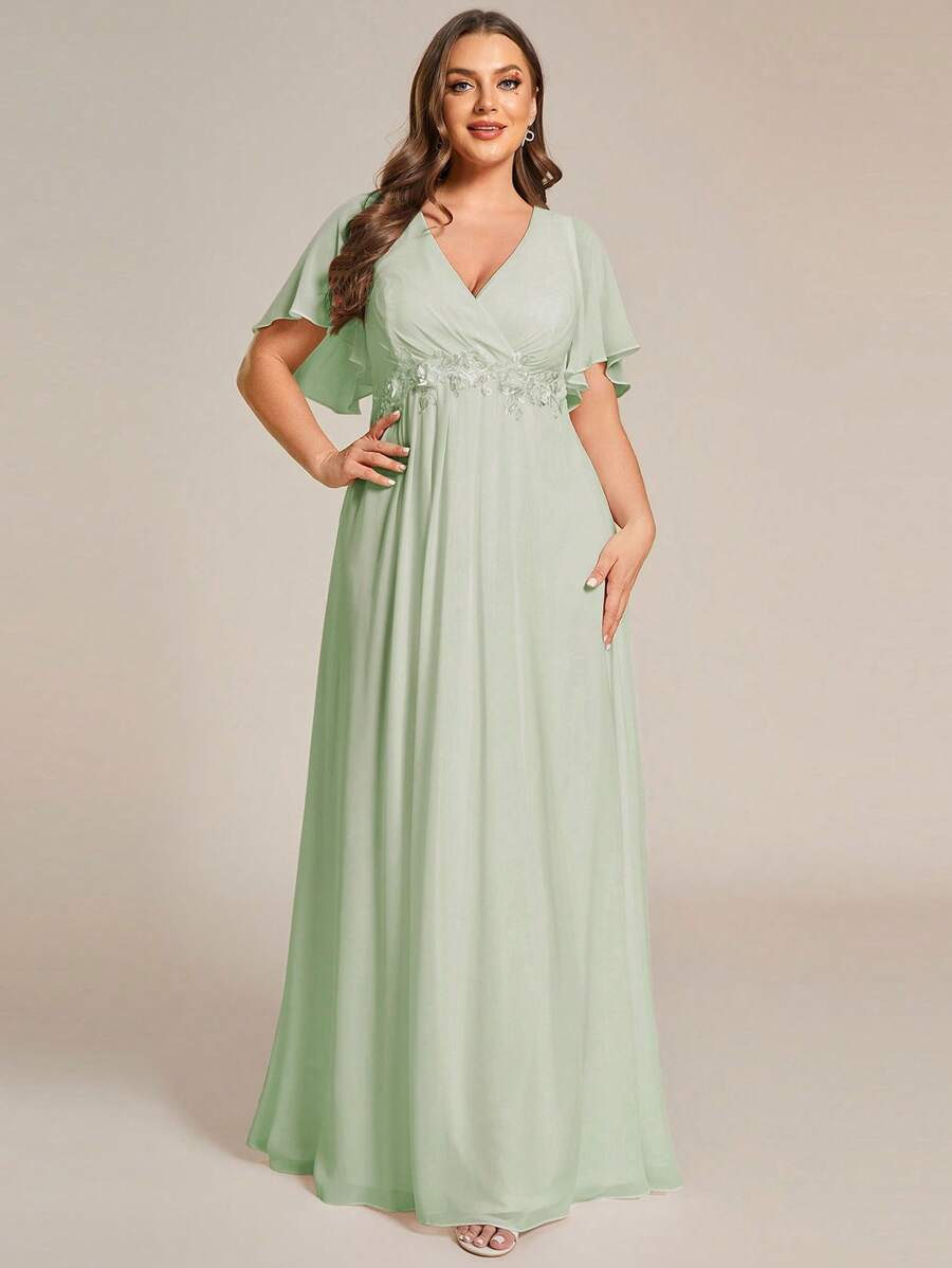 EVERPRETTY Elegant V-Neck Floral Applique Chiffon Dress With Ruffle Sleeves
