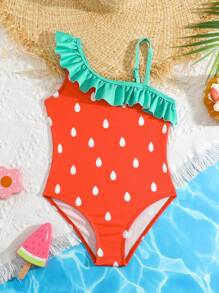 Young Girls One-Piece Swimsuit, Holiday Style, Cute Swimwear - Red - View 1
