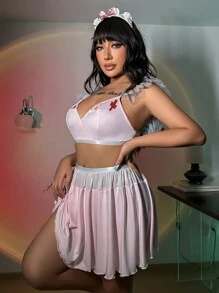 SHEIN 加大號鑲邊透視文胸和丁字褲套裝連裙子，性感表演服裝 - 粉色 - 查看 1