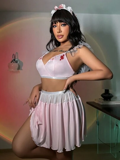 SHEIN Plus Size Applique Sheer Bra And Thong Set With Skirt, Sexy Performance Costume