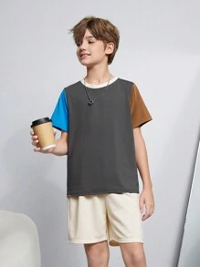 Conjunto de 4 piezas para niño preadolescente con bloque de color casual, camiseta de manga corta y shorts para verano