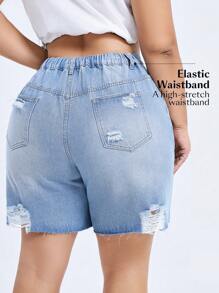 Plus Size Distressed Straight Leg Denim Bermuda Shorts Without Elasticity, Versatile - Blue - View 3
