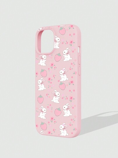 Kawaii Strawberry Bunny Cartoon Pink Painted Silicone Phone Case, Compatible With IPhone 12, 13, 14 Series And Other Models