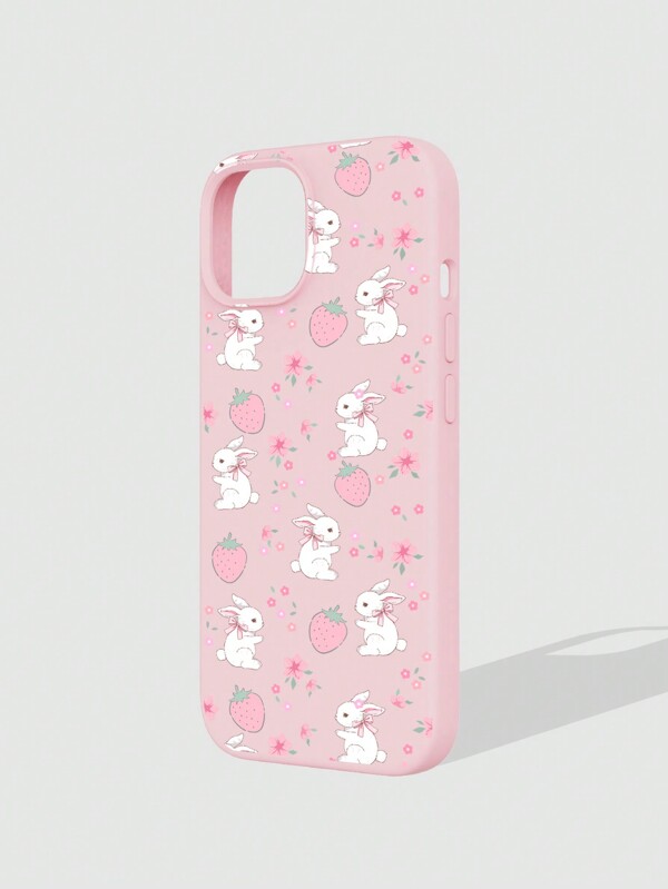 ROMWE Kawaii Strawberry Bunny Cartoon Pink Painted Silicone Phone Case, Compatible With IPhone 12, 13, 14 Series And Other Models