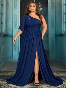 QOQ Daily Elegant Plus Size Bridesmaid Gown Women Formal Dress Formal Events Dresses For Wedding, Engagement Party, Weddings Dinner Solid Color High Slit One Shoulder Bridesmaid Gowns - Navy Blue - View 3