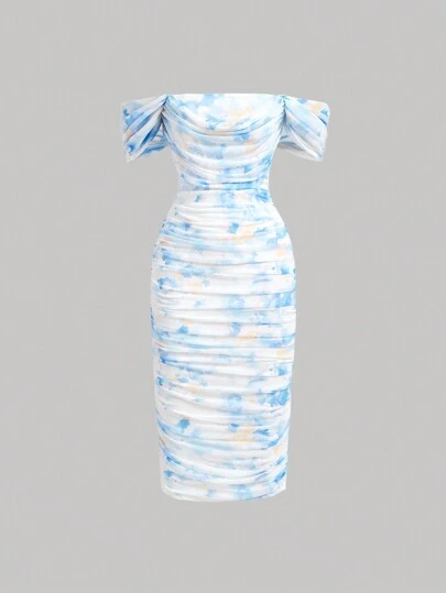 SHEIN MOD Vestido de mujer elegante de manga abombada con efecto teñido anudado y drapeado ajustado para el verano