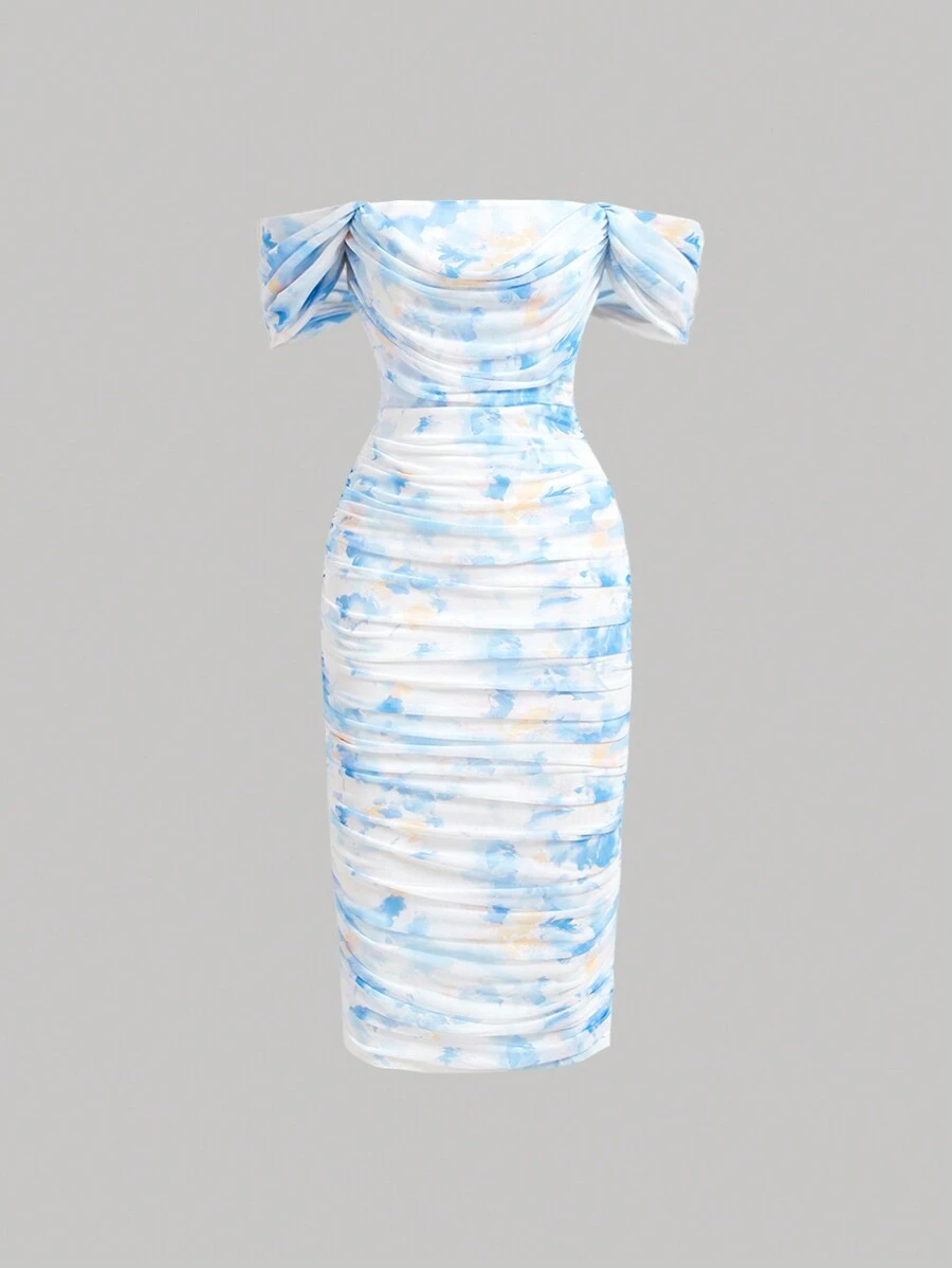 SHEIN MOD 女士优雅扎染露肩褶皱紧身连衣裙（夏季） - 藍色 - 查看 1