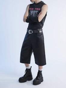 Manfinity Denimwave Y2K復古街頭風男士鬆身PU牛仔短褲 JORTS - 黑色 - 查看 6