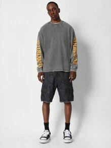 SUMWON 撞色袖子图案印花水洗长袖 T 恤 - 深灰色 - 查看 4