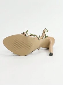 Jin Bei Qi 春夏女士3D玫瑰花卉后系带尖头细高跟凉鞋，优雅时尚派对礼服鞋，酒红色 - 杏色 - 查看 7