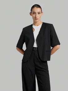 Ontre 女士短袖條紋西裝外套 - 黑色 - 查看 7