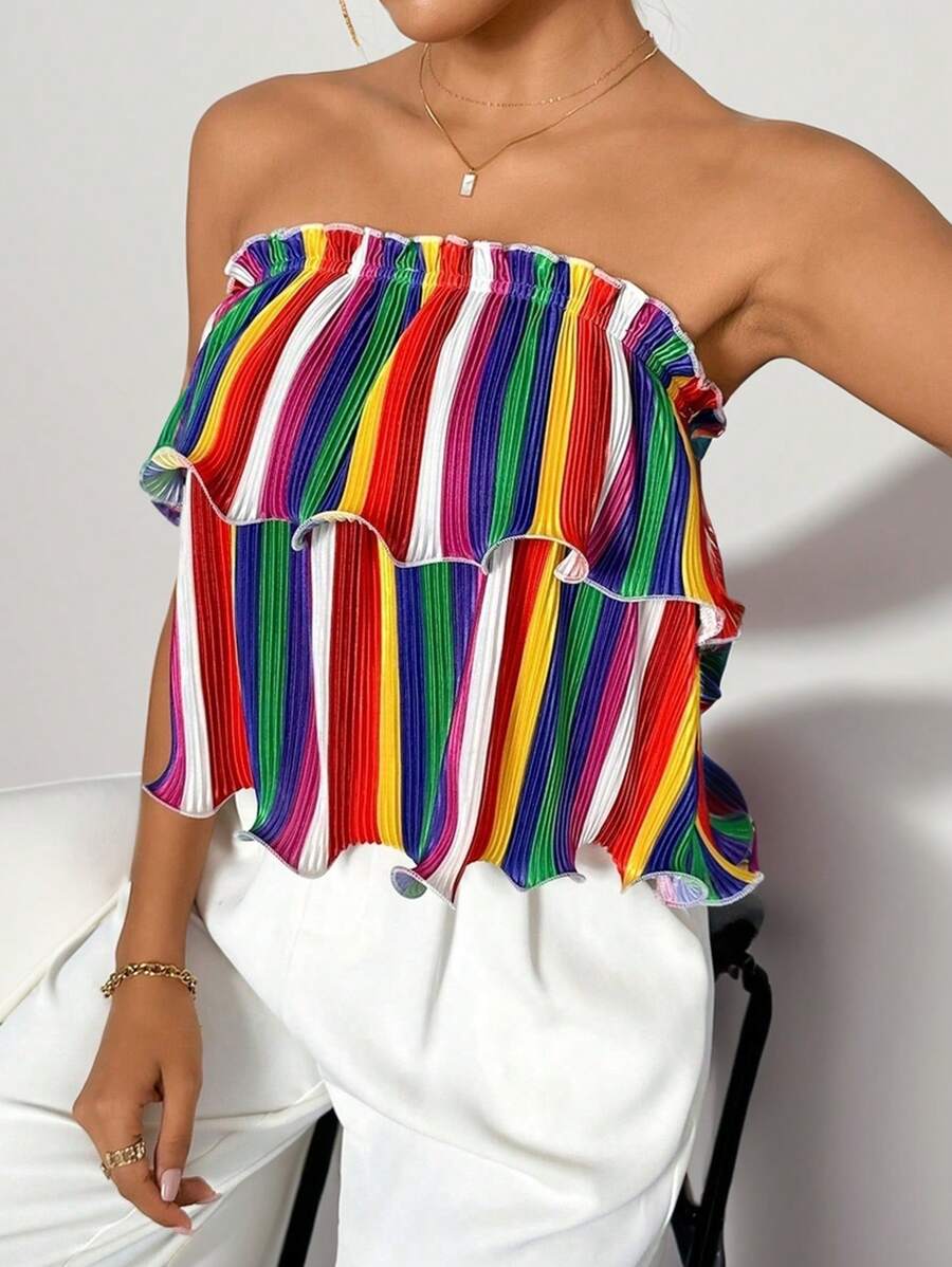 SHEIN Privé Áo thiết kế mùa hè dành cho nữ in họa tiết áo quây hai lớp xếp li có diềm xếp nếp - Màu be - Xem 1