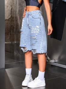 SHEIN ICON Women's Fashionable Loose Distressed Denim Shorts