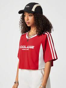SHEIN Coolane Women's Street Style Color Block Cropped T-Shirt, Spring And Summer Essential - Red and White - View 6
