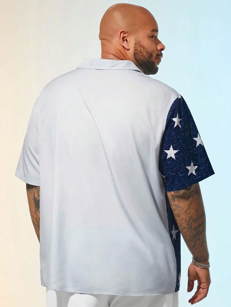 Men's Plus Size Woven Short Sleeve Shirt With Printed Design, Slim Fit, Suitable For Summer And Daily Wear