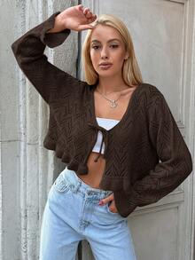 EURMUSE Tie Front Ruffle Hem Pointelle Knit Crop Cardigan - Black - View 4