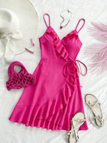 Soleia فستان الصيف النسائي باللون الأحمر الوردي مع حزام خصر من النسيج المموج بطرف كشكش وعقدة جانبية وقصة A بلا أكمام