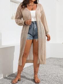 Breezaya Einfarbiges Lochmuster für Große Größen langer Cardigan