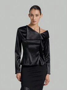 Ontre Women's Patchwork Frill Trim Asymmetrical Collar Long Sleeve Shirt