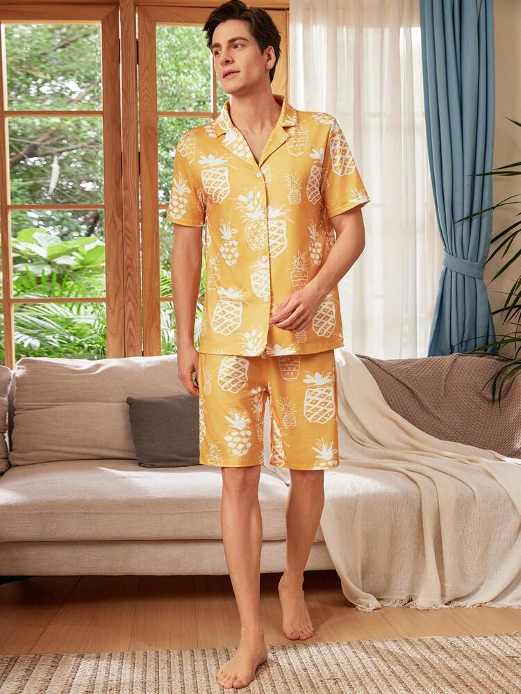 Men's Pineapple Print Front Row View Short Sleeve Top And Shorts Set, Summer Home Wear