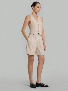 Ontre Ladies' Solid Color Pleated Shorts - Khaki - View 4