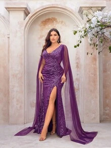 SHEIN Belle 優雅、華麗、浪漫的大尺碼女士紫色網紗擴腳連衣裙，透明袖子，亮片點綴，人魚尾裙，晚禮服，婚紗 - 紫色 - 查看 1
