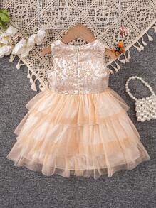 Vestido de verano sin mangas para bebé niña con Jacquard floral, cuello redondo, dobladillo de malla y parche de tela.