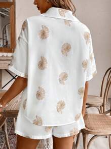 SHEIN Frenchy Summer White Linen Embroidery Going Out Set, Blouse Jacket Women's Shorts Two-Piece Set, Conch Embroidery, Holiday Set, Suitable For Daily Home And Holiday Wear, Fabric Breathable And Comfortable Women's Random Printed Simple Daily 2pcs/Set