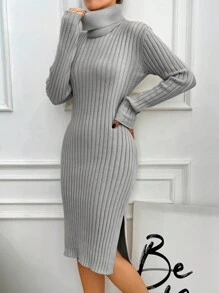EURMUSE Women'S Turtleneck Ribbed Sweater Dress - Grey - View 5