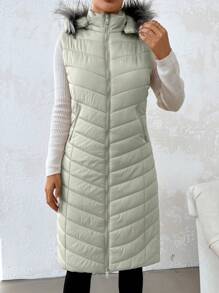 EURMUSE Fuzzy Trim Hooded Puffer Vest Coat - Mint Green - View 6