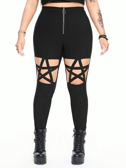 Grunge Punk Gotische sexy Große Größen Hose mit Cut Out Sternmuster zum Schlankhalten der Oberschenkel, Schule