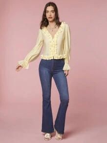 Enchnt Women's Fashionable Ruffle Sleeve Shirt With Frilled Edges - Yellow - View 5