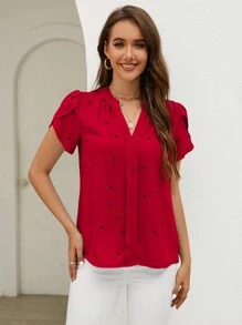 SHEIN Clasi 春季心形印花花瓣袖 V 领夏季海滩女式衬衫、短袖上衣