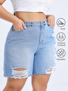 Plus Size Distressed Straight Leg Denim Bermuda Shorts Without Elasticity, Versatile - Blue - View 1