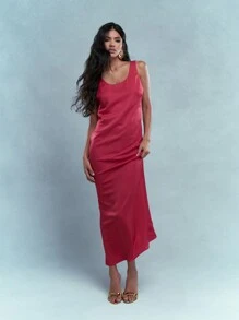 MISSGUIDED Scoop Back Satin Maxi Tank Dress Christmas - Red - View 1